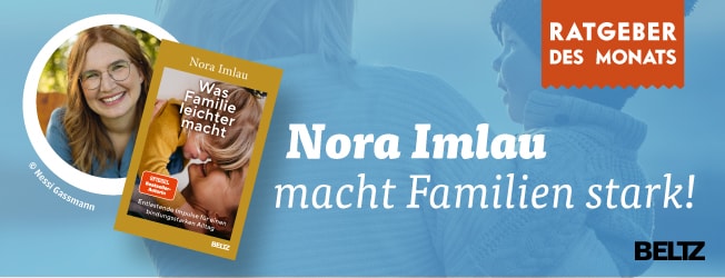Man sieht eine mittelalte Frau mit hellbraunen langen Haaren und einer Brille, außerdem ist ein Buchcover abgebildet. Per Klick landet man bei weiteren Büchern von der Autorin Nora Imlau